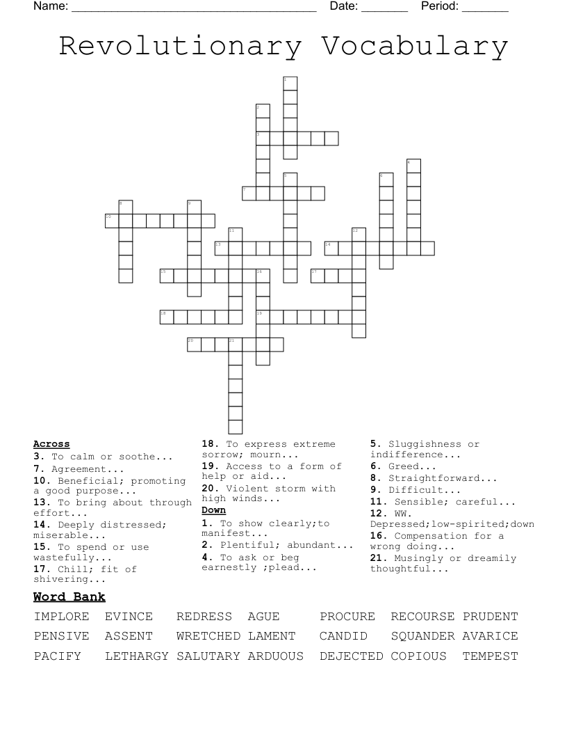 Revolutionary Vocabulary Crossword