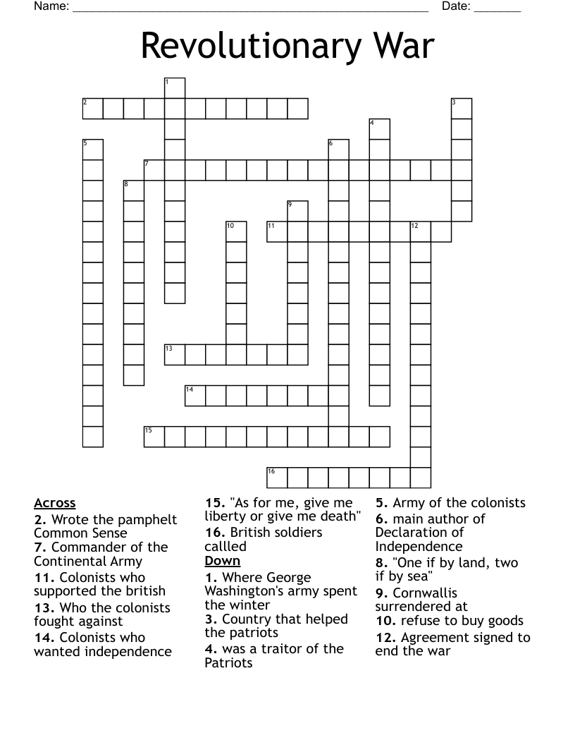 Revolutionary War Crossword
