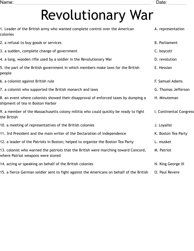 Revolutionary War Worksheet
