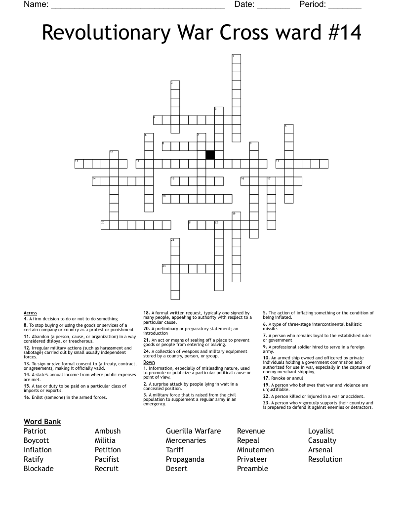 Revolutionary War Cross ward #14 Crossword