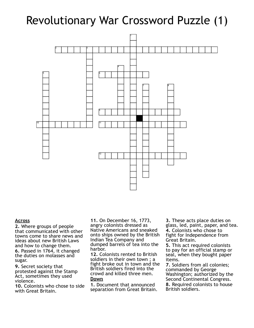 Revolutionary War Crossword Puzzle (1)