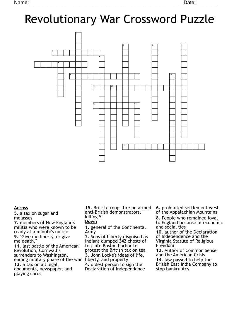 Revolutionary War Crossword Puzzle