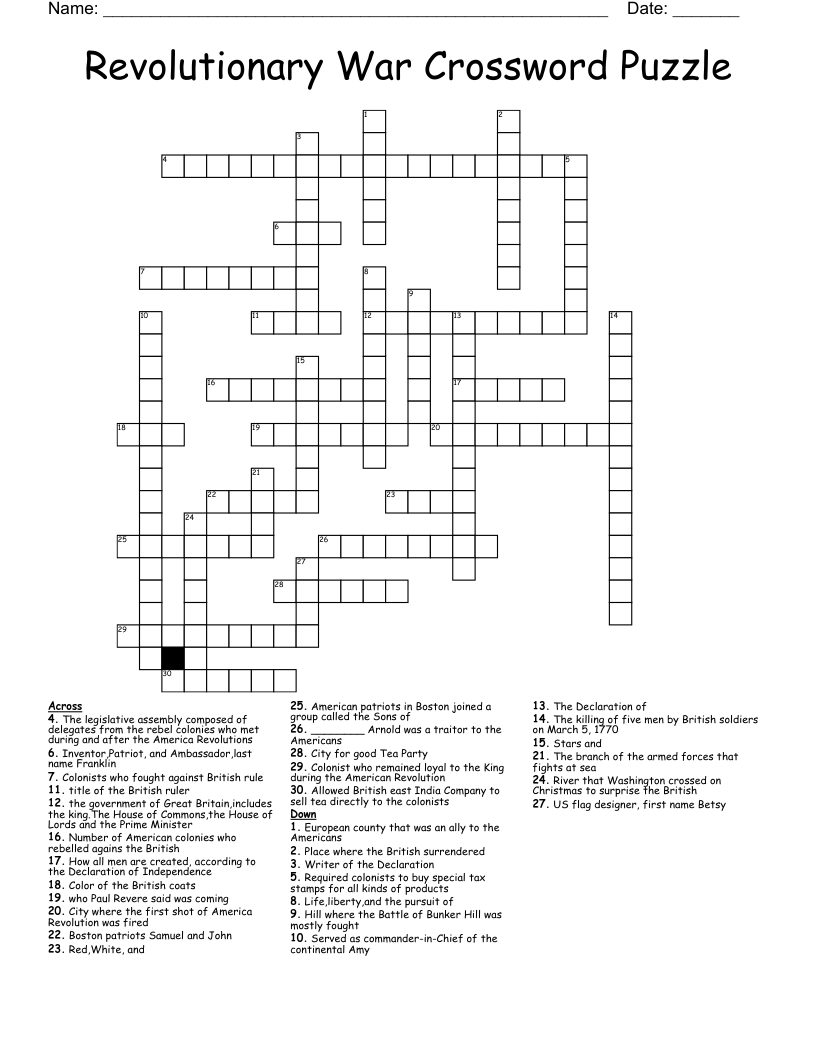 Revolutionary War Crossword Puzzle