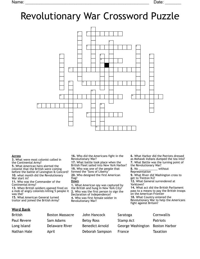 Revolutionary War Crossword Puzzle