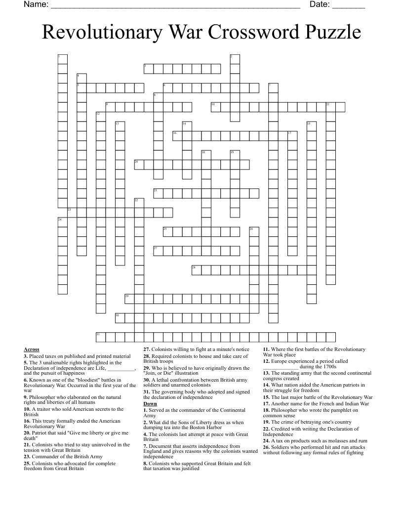 Revolutionary War Crossword Puzzle