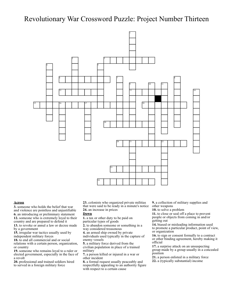 Revolutionary War Crossword Puzzle: Project Number Thirteen