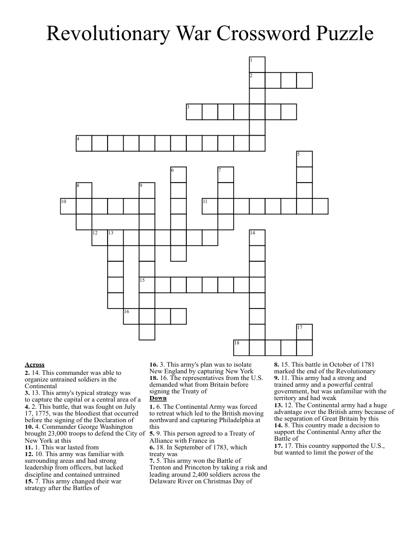 Revolutionary War Crossword Puzzle 