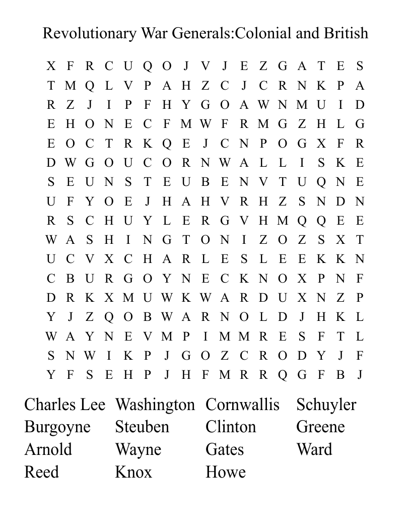 Revolutionary War Generals:Colonial and British Word Search