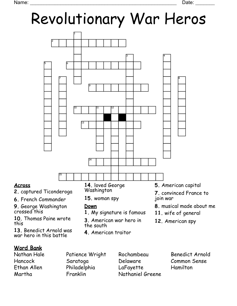Revolutionary War Heros Crossword