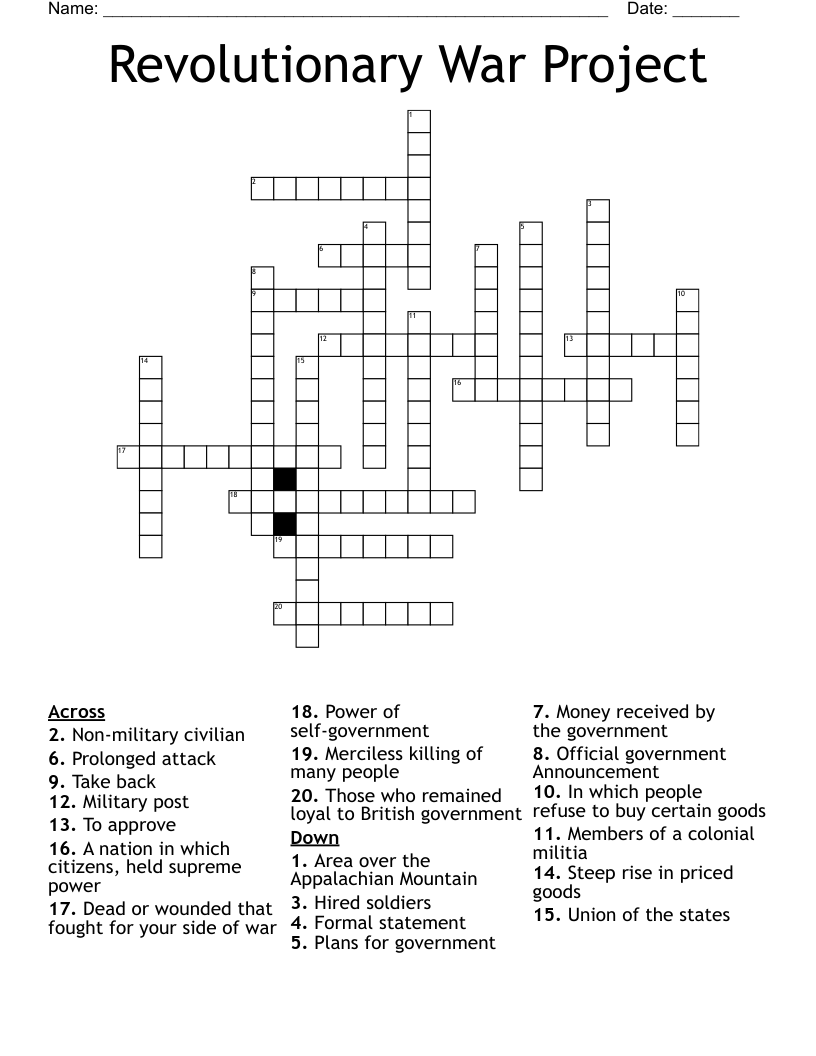 Revolutionary War Project Crossword