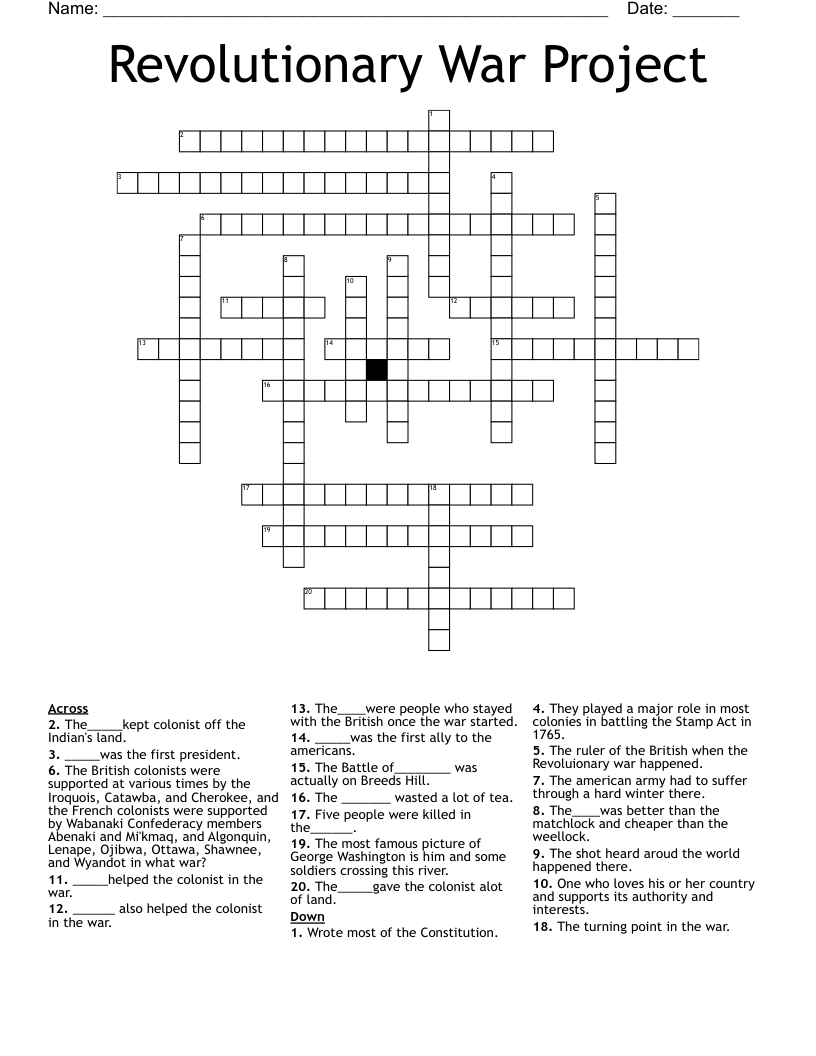 Revolutionary War Project Crossword