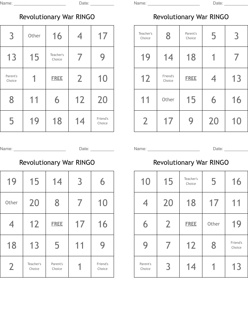 Revolutionary War RINGO Bingo Cards