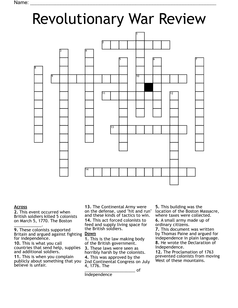 Revolutionary War Review Crossword