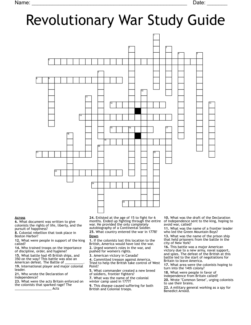 Revolutionary War Study Guide Crossword