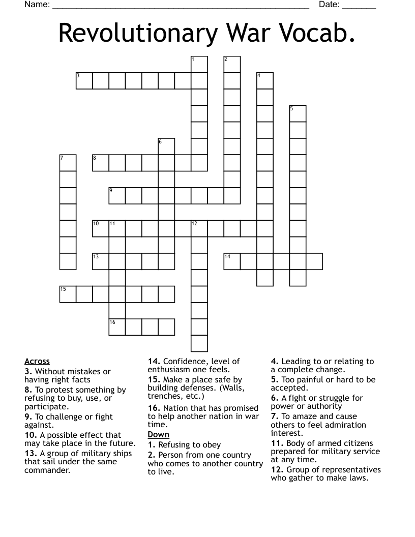 Revolutionary War Vocab. Crossword