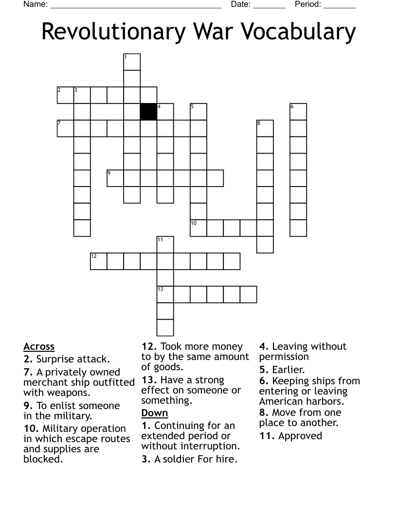 Revolutionary War Vocabulary Crossword