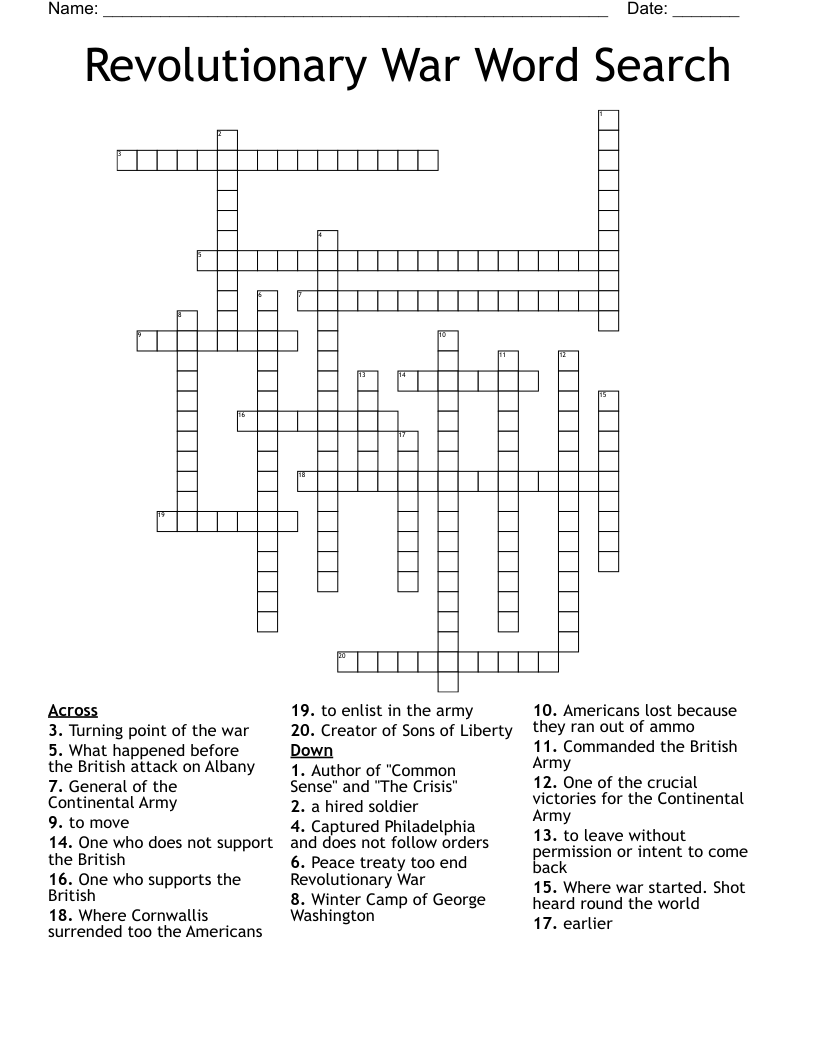 Revolutionary War Word Search Crossword