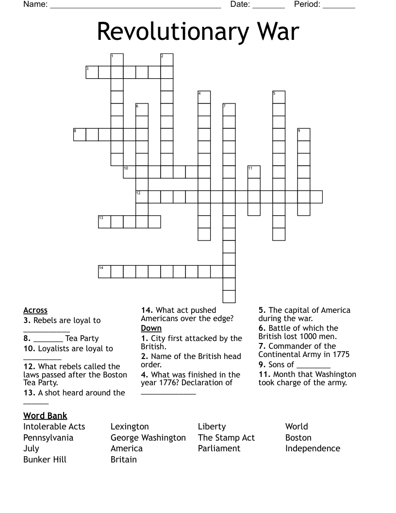 Revolutionary War  Crossword