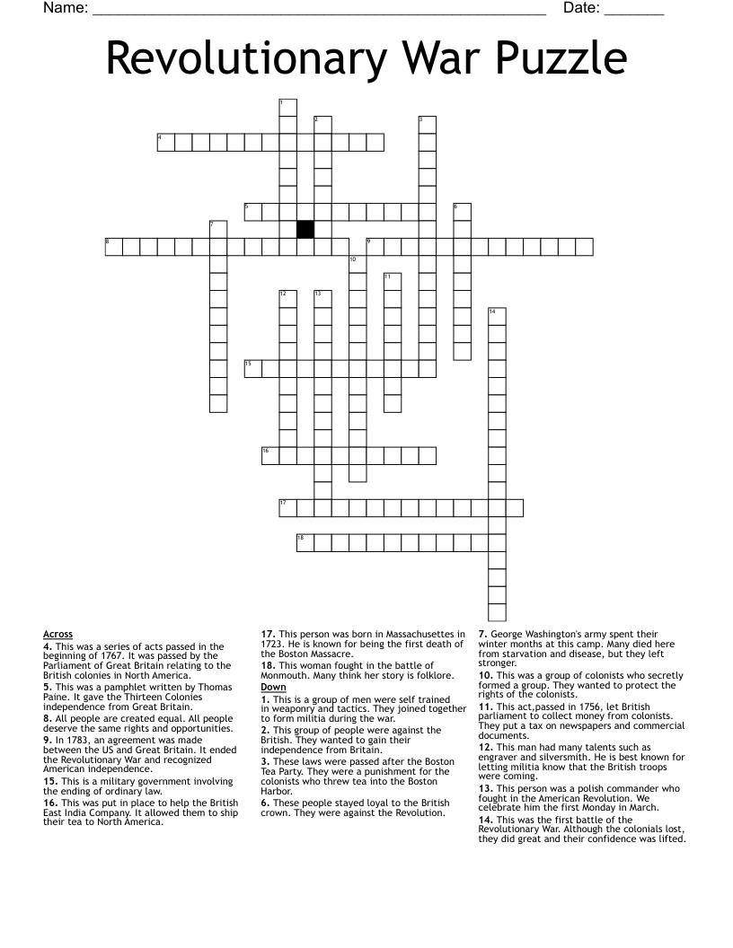 Revolutionary War  Puzzle Crossword