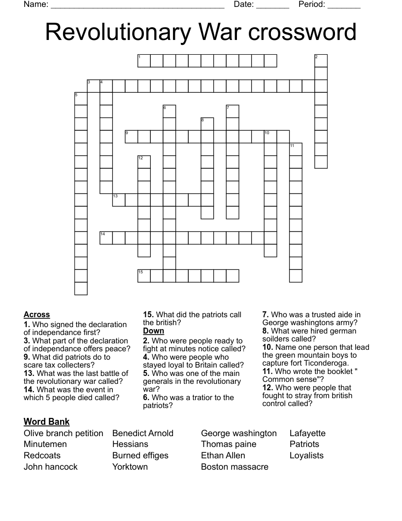 Revolutionary War crossword 