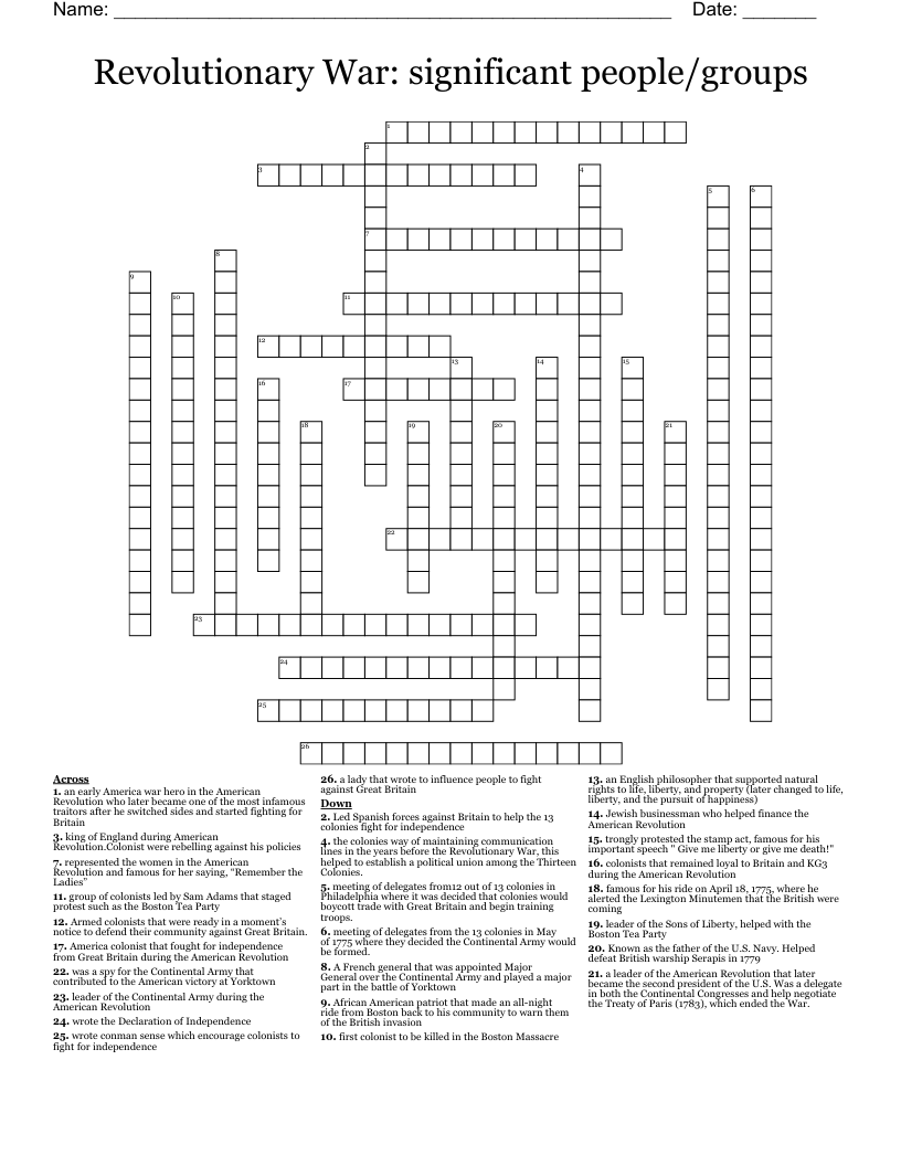 Revolutionary War: significant people/groups Crossword