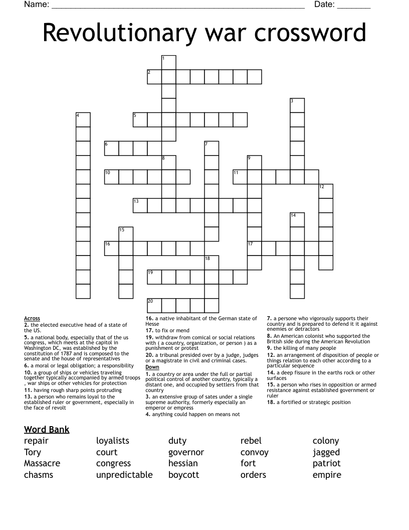 Revolutionary war crossword
