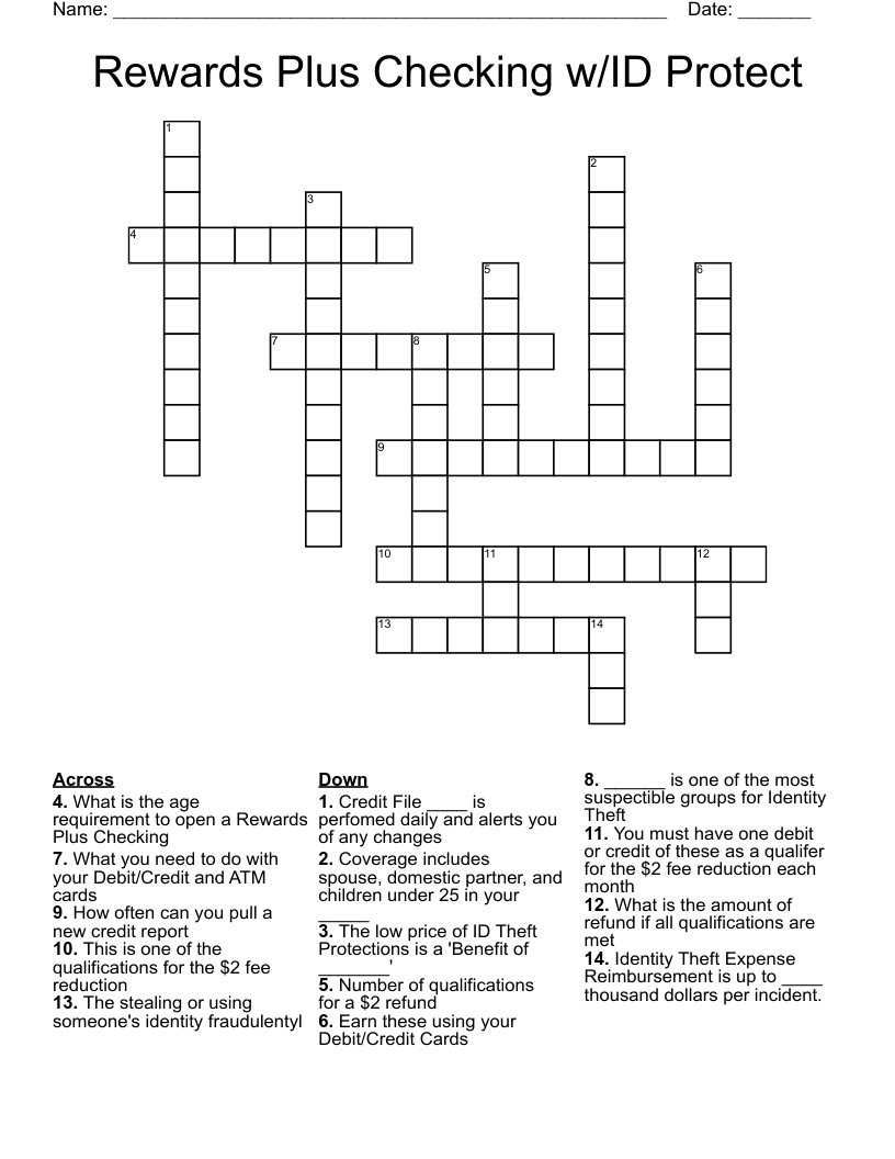 Rewards Plus Checking w/ID Protect Crossword