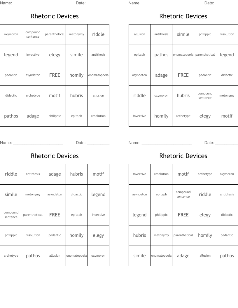 Rhetoric Devices  Bingo Cards