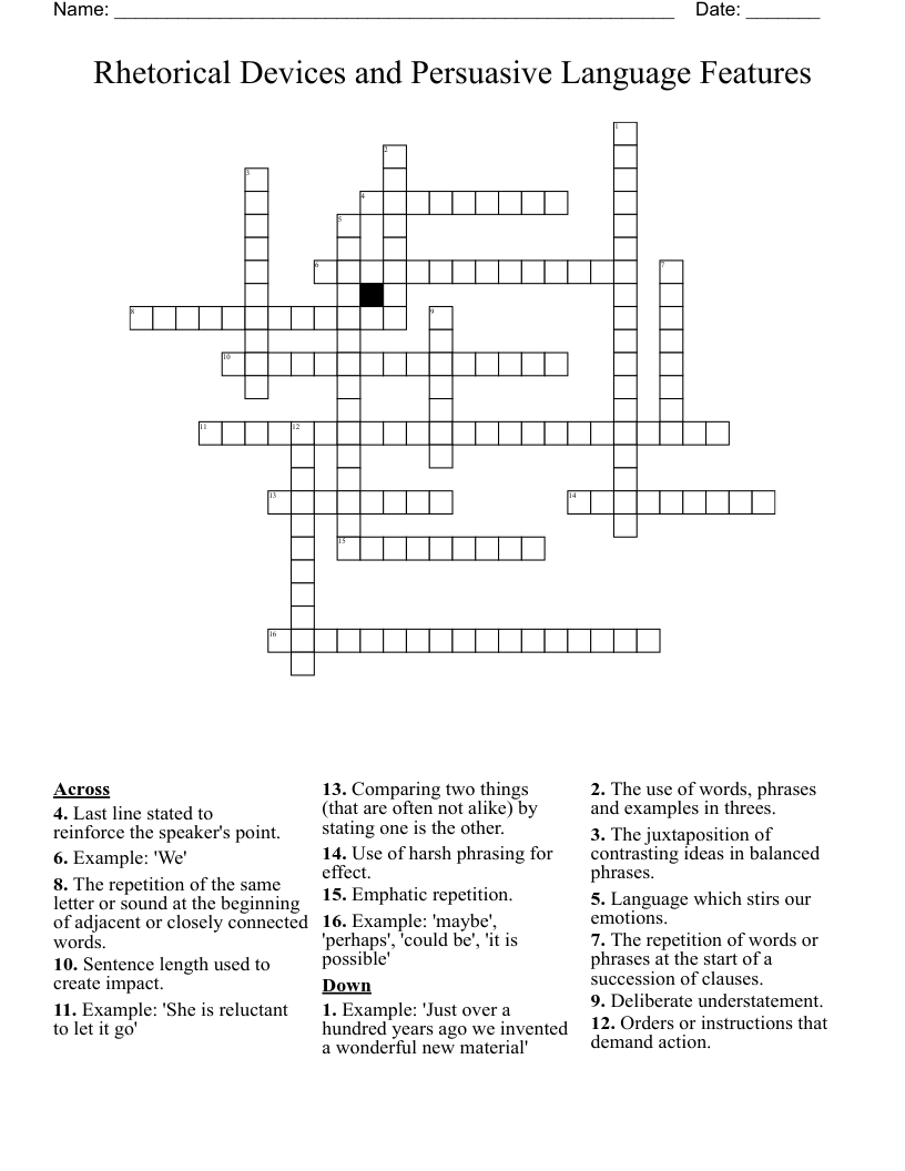 Rhetorical Devices and Persuasive Language Features Crossword