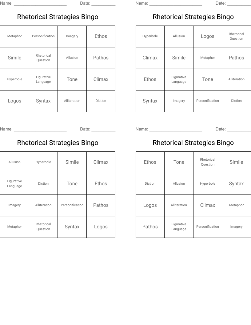 Rhetorical Strategies Bingo