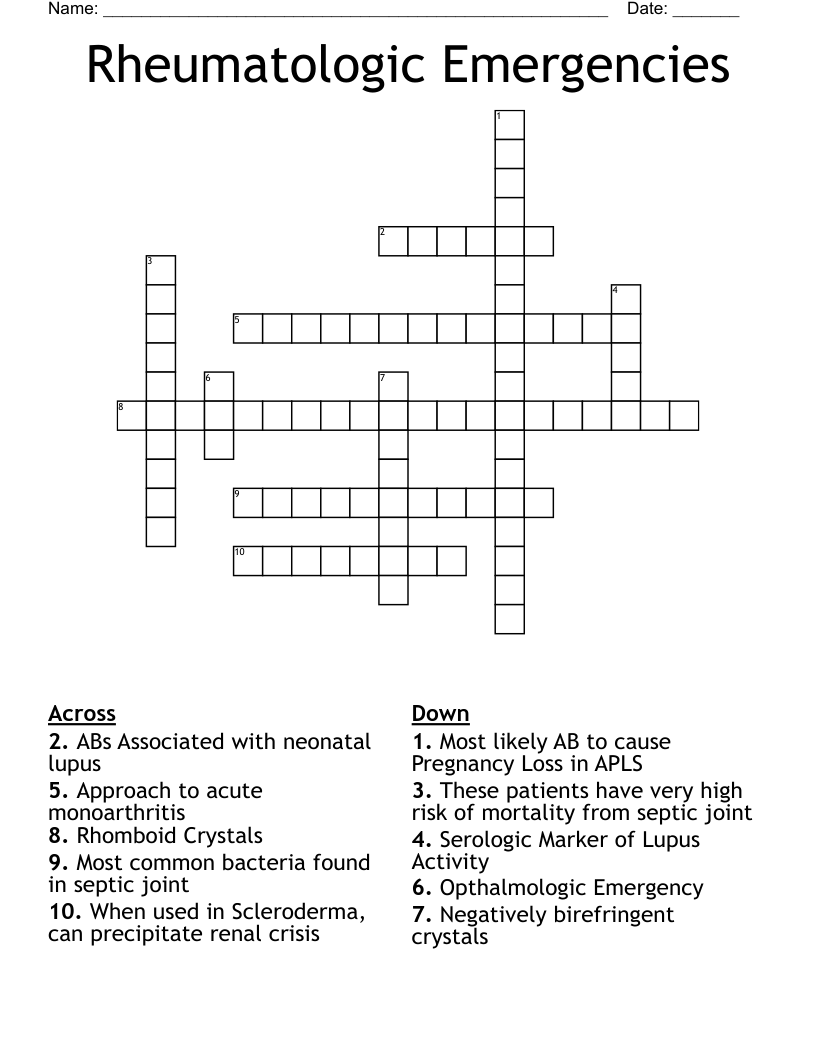 Rheumatologic Emergencies Crossword