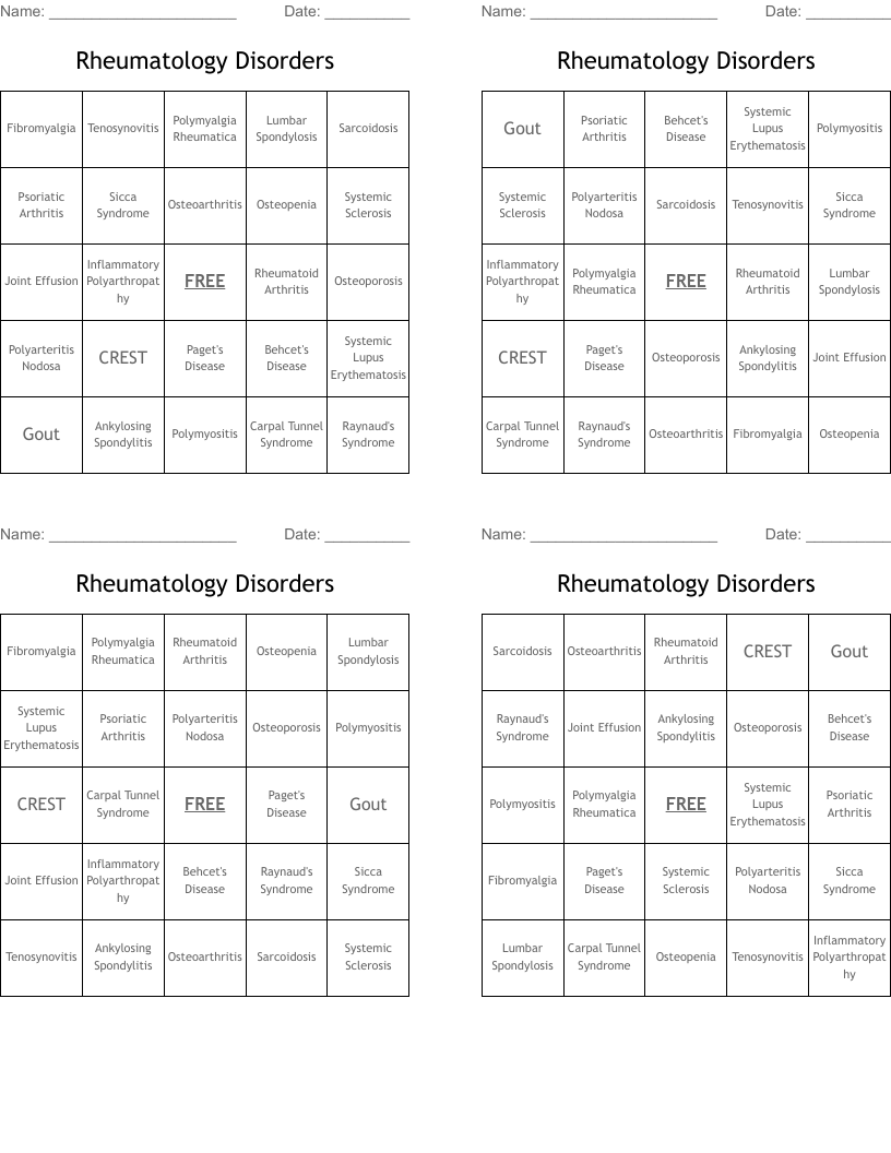 Rheumatology Disorders Bingo Cards
