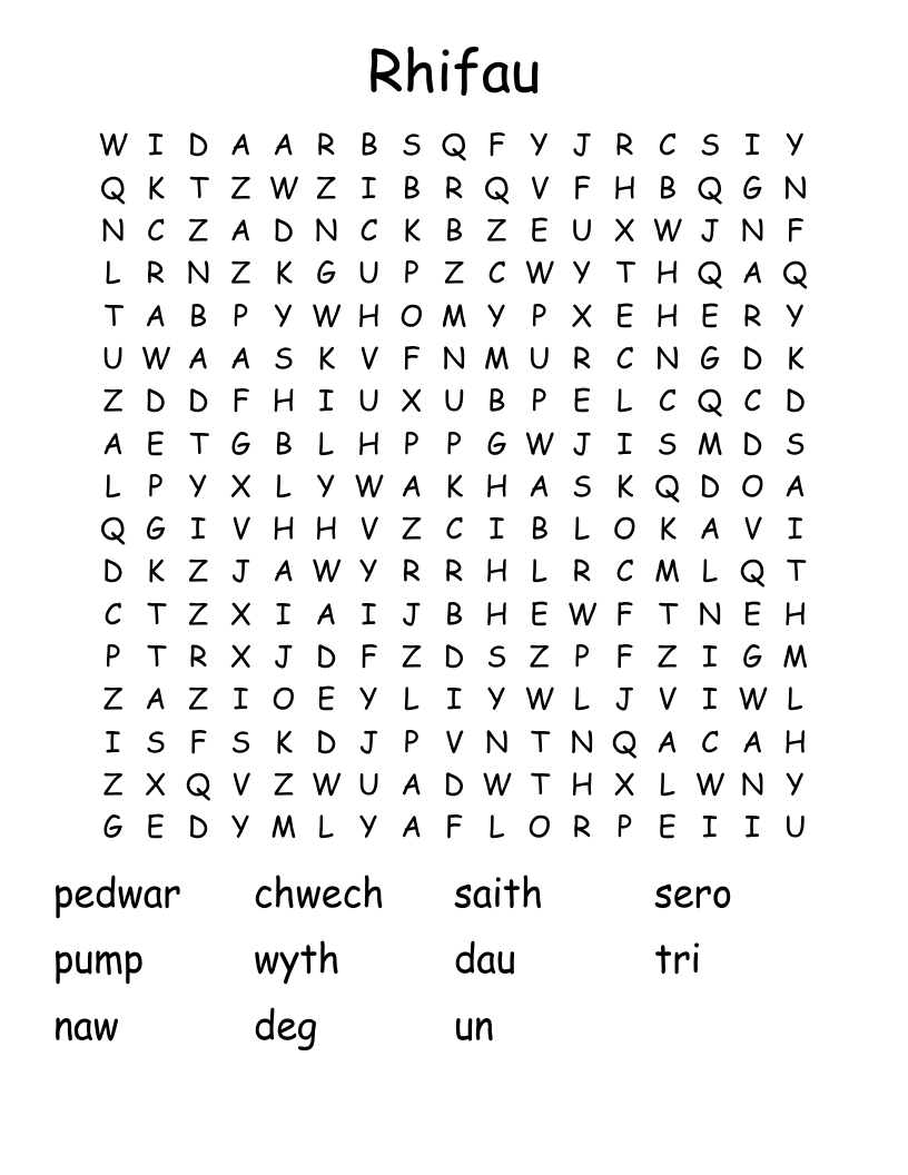 Rhifau Word Search