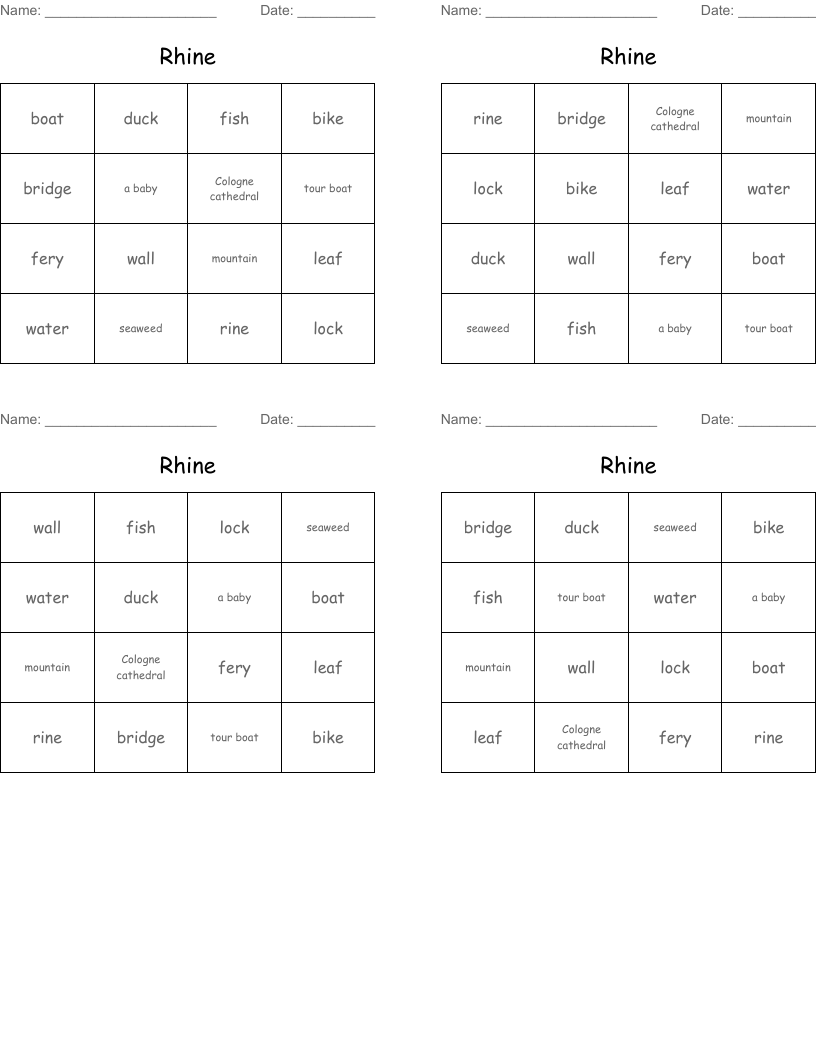 Rhine Bingo Cards