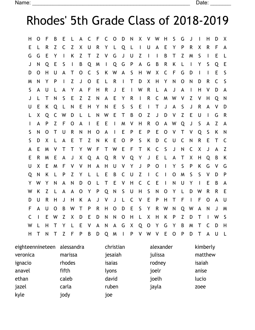 Rhodes' 5th Grade Class of 2018-2019 Word Search