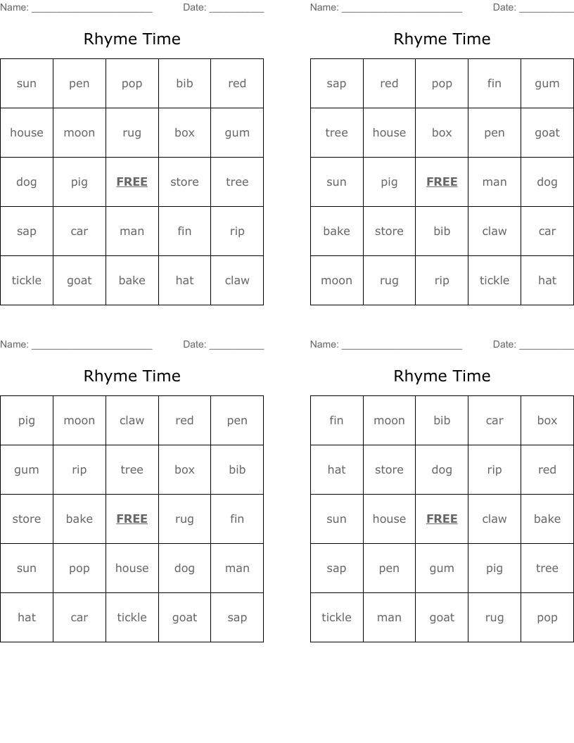 Rhyme Time Bingo Cards