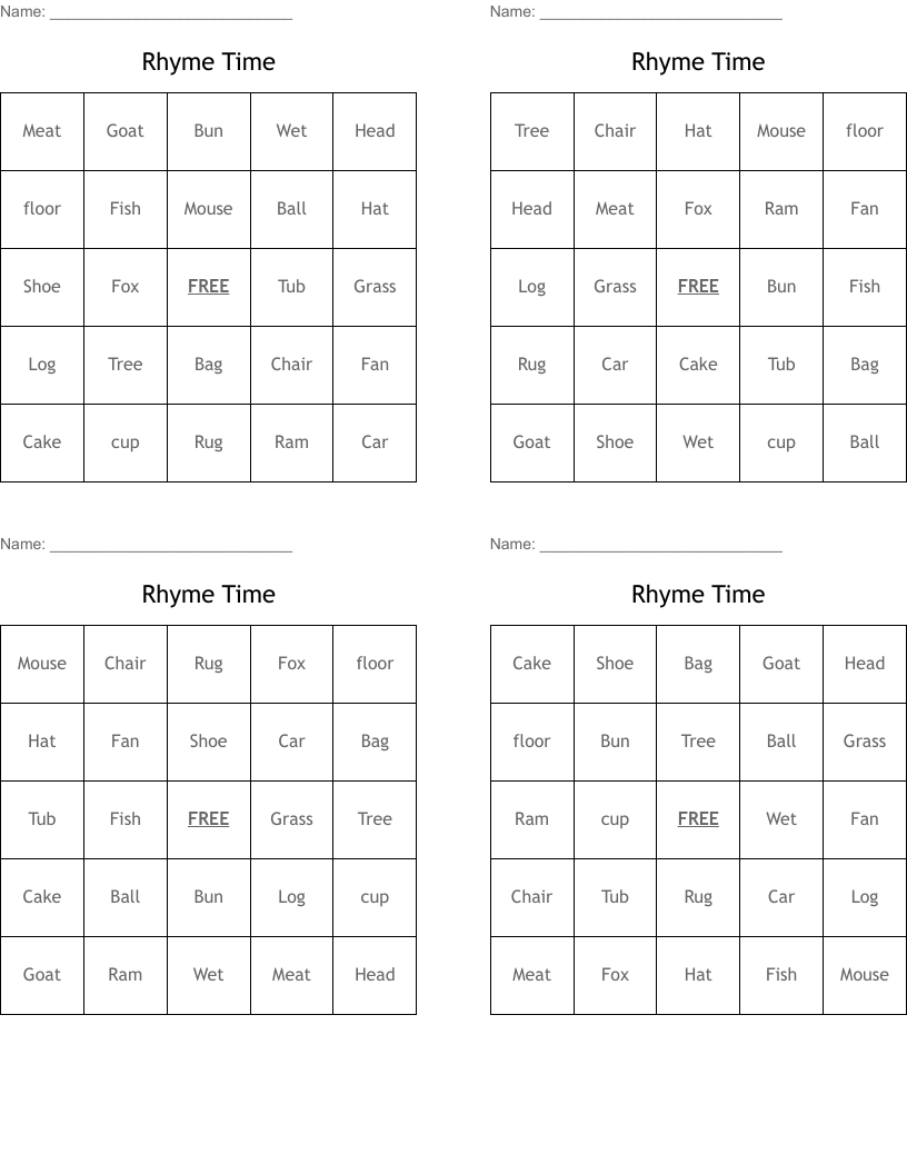 Rhyme Time Bingo Cards