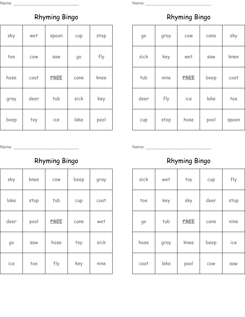Rhyming Bingo