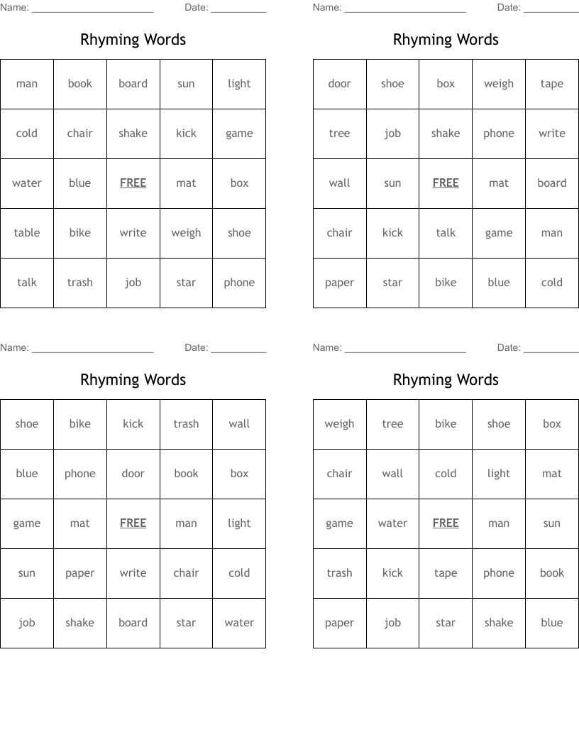 Rhyming Words Bingo Cards