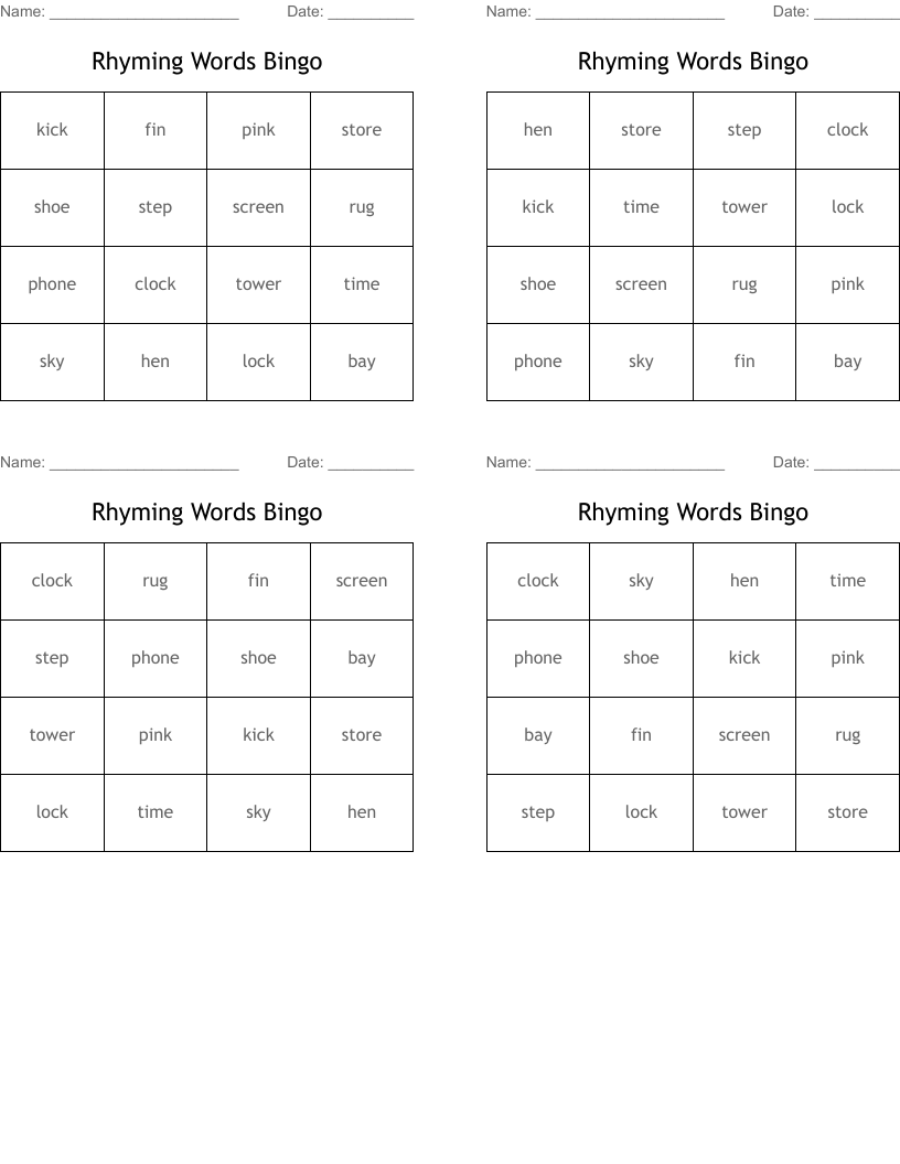 Rhyming Words Bingo 