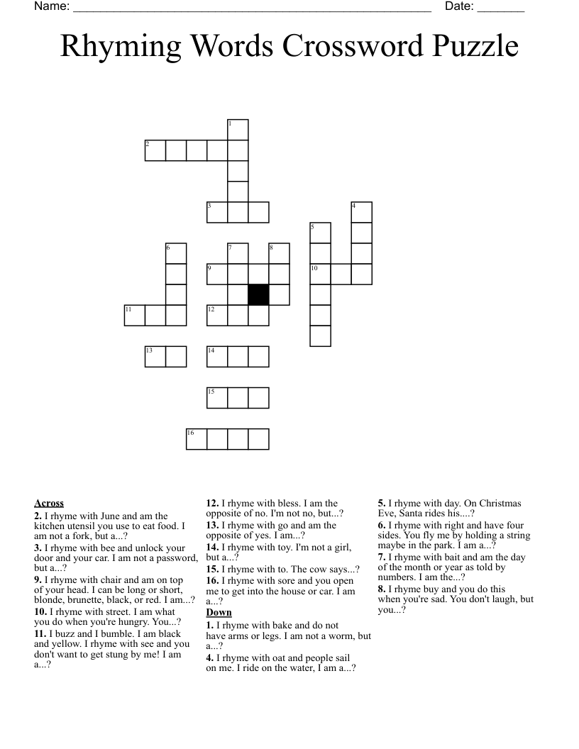 Rhyming Words Crossword Puzzle