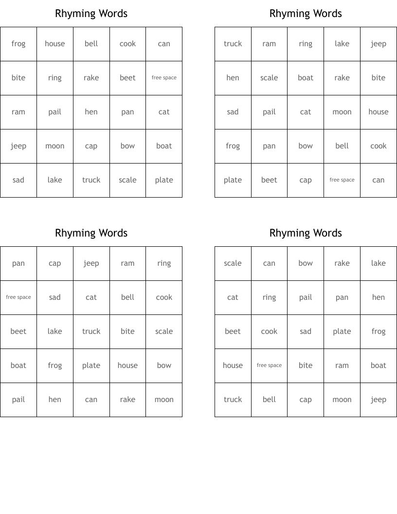 Rhyming  Words  Bingo Cards
