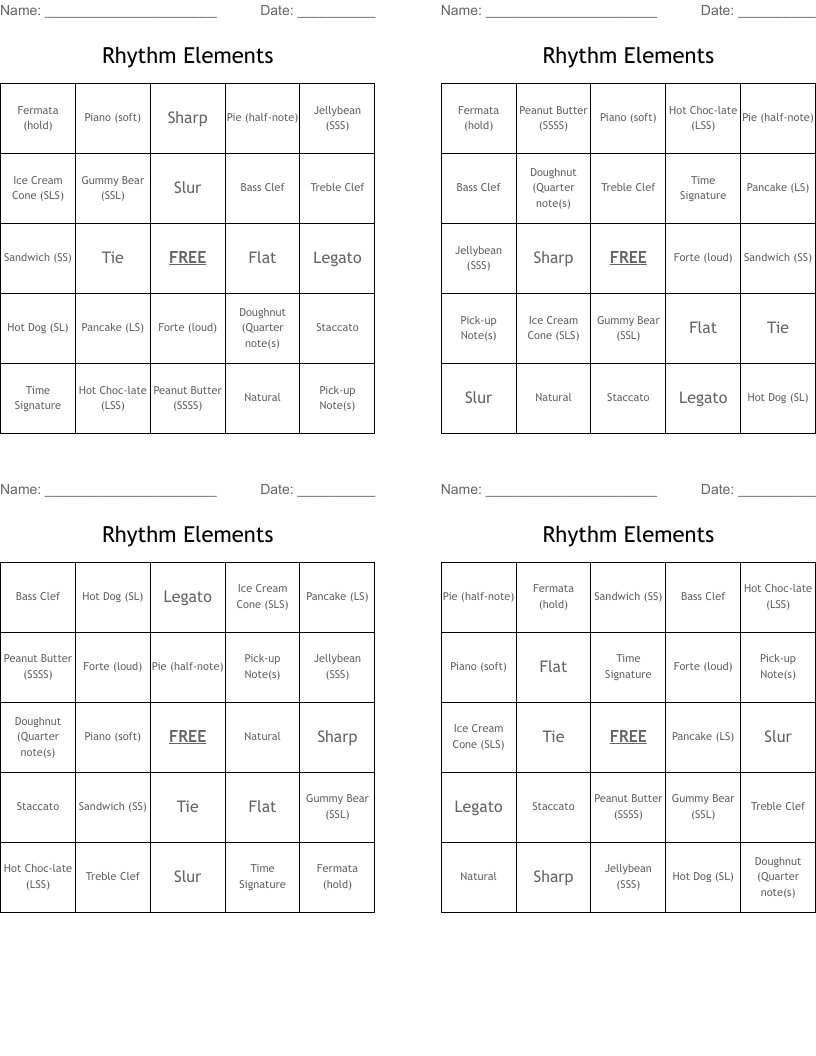 Rhythm Elements Bingo Cards