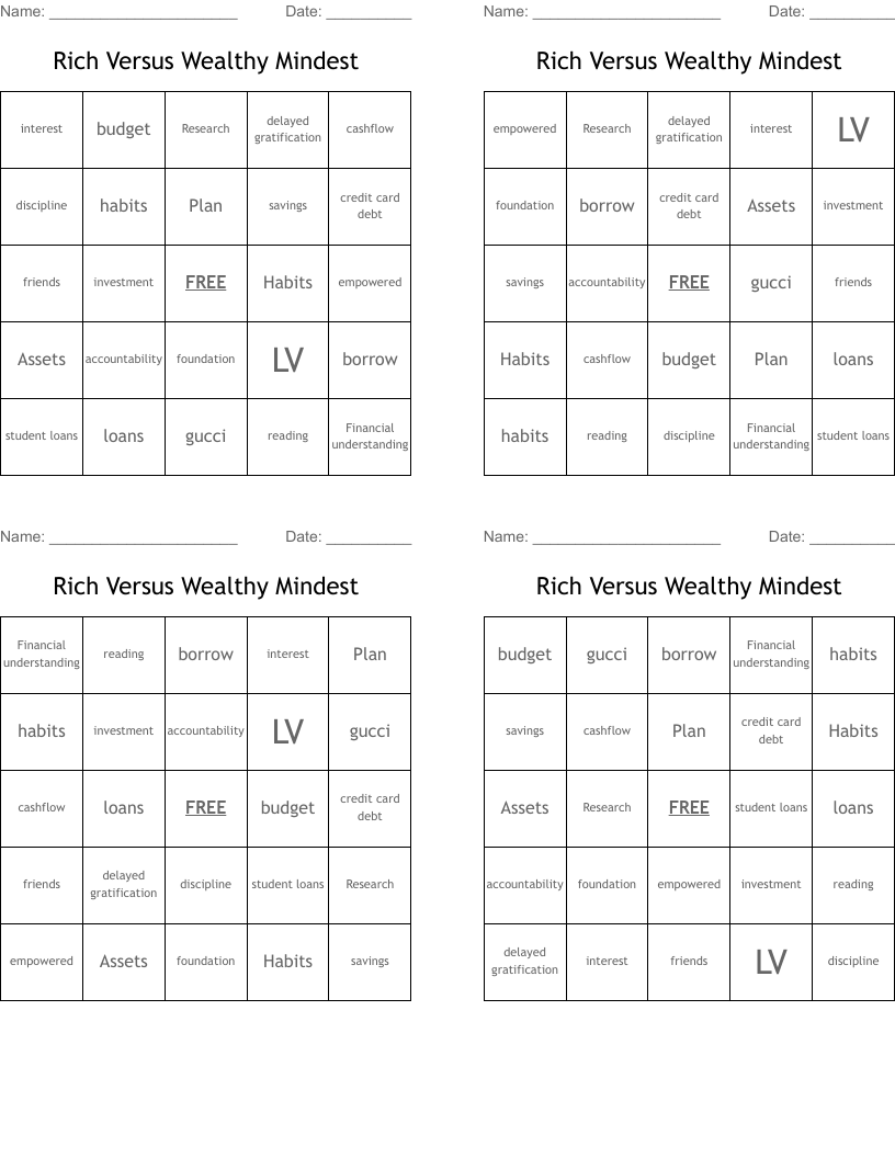 Rich Versus Wealthy Mindest Bingo Cards