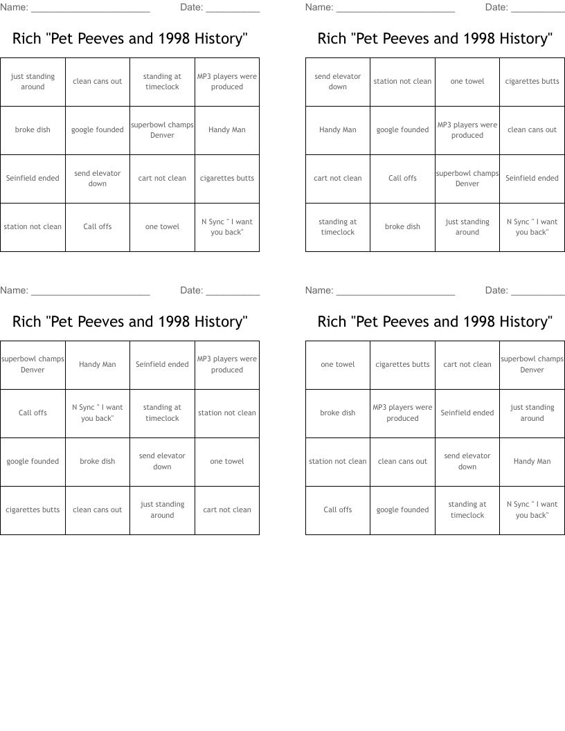 Rich  "Pet Peeves and 1998 History" Bingo Cards