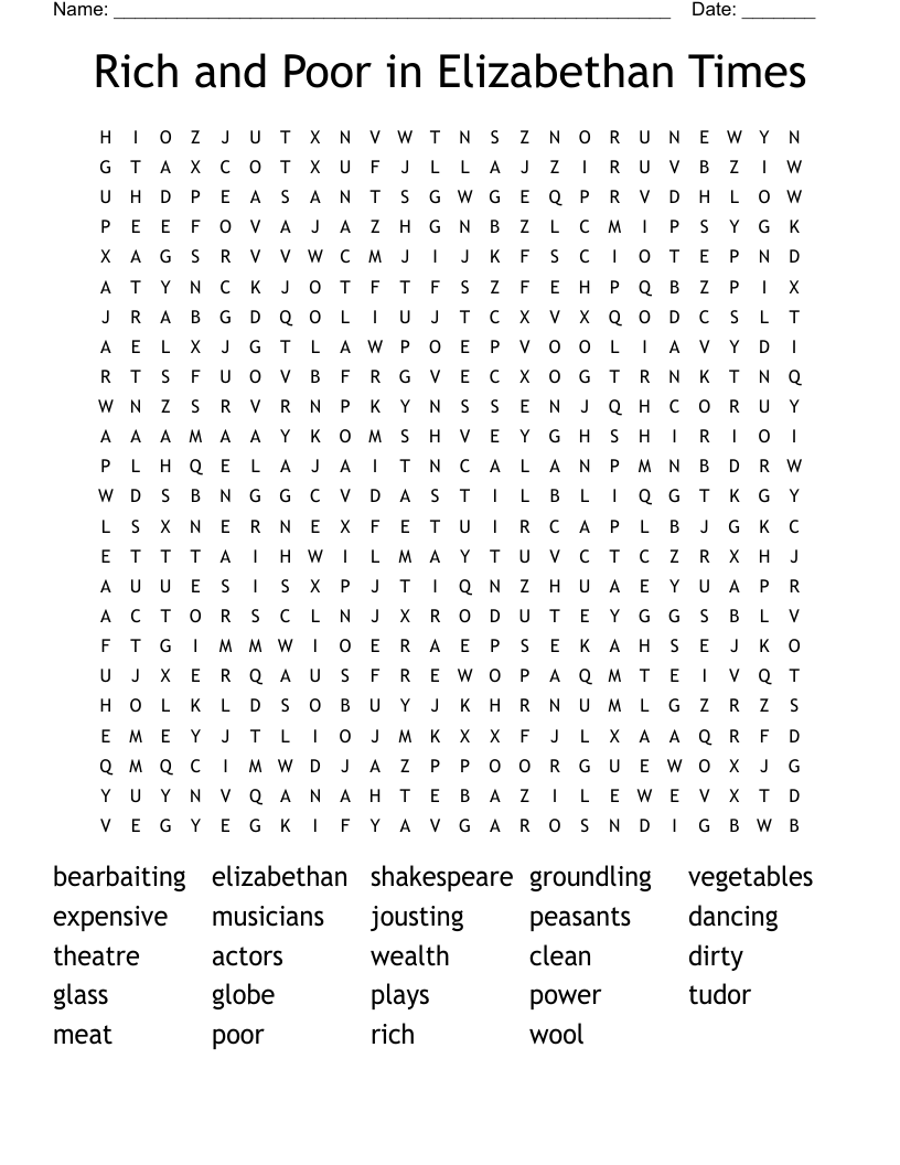 Rich and Poor in Elizabethan Times Word Search