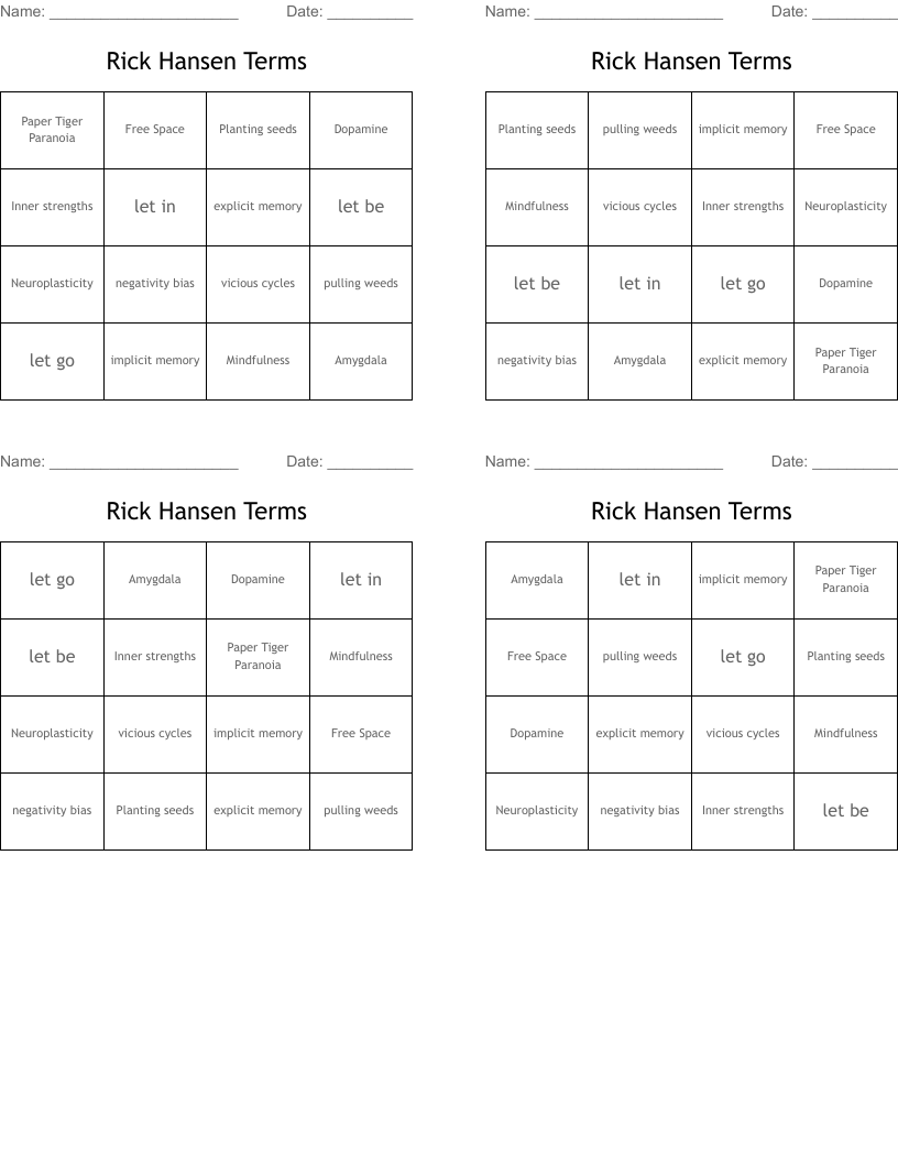 Rick Hansen Terms Bingo Cards