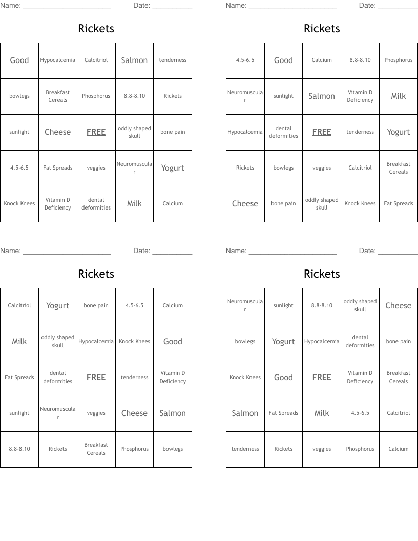 Rickets Bingo Cards