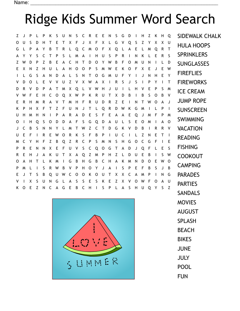 Ridge Kids Summer Word Search