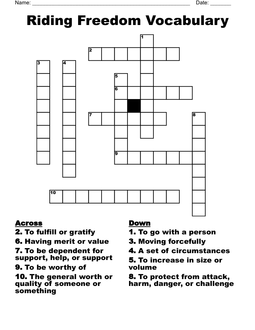 Riding Freedom Vocabulary Crossword